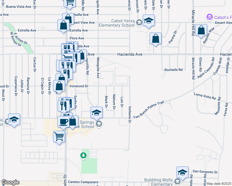 map of restaurants, bars, coffee shops, grocery stores, and more near 13620 Nahum Drive in Desert Hot Springs