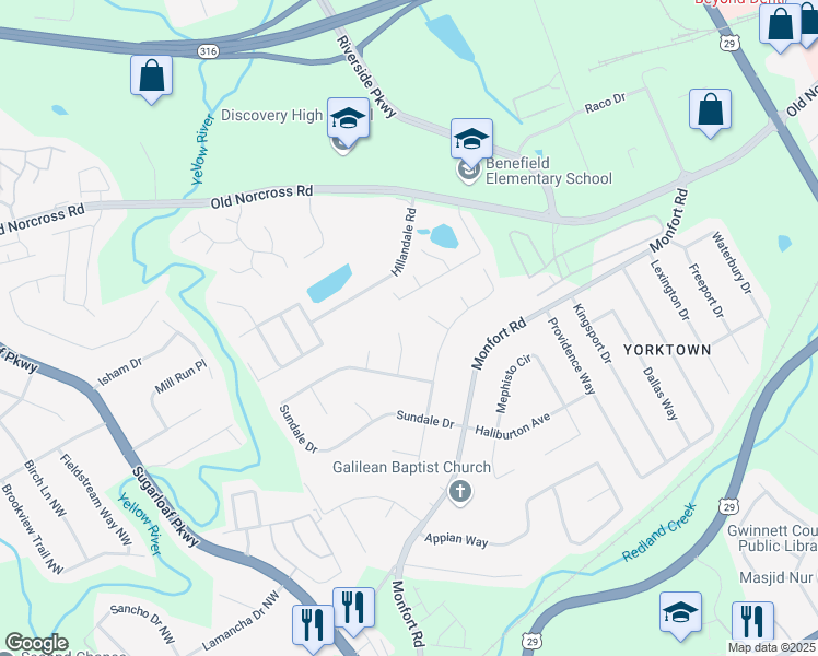 map of restaurants, bars, coffee shops, grocery stores, and more near 495 Buttercup Trail in Lawrenceville
