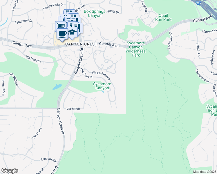 map of restaurants, bars, coffee shops, grocery stores, and more near 610 Vía Zapata in Riverside