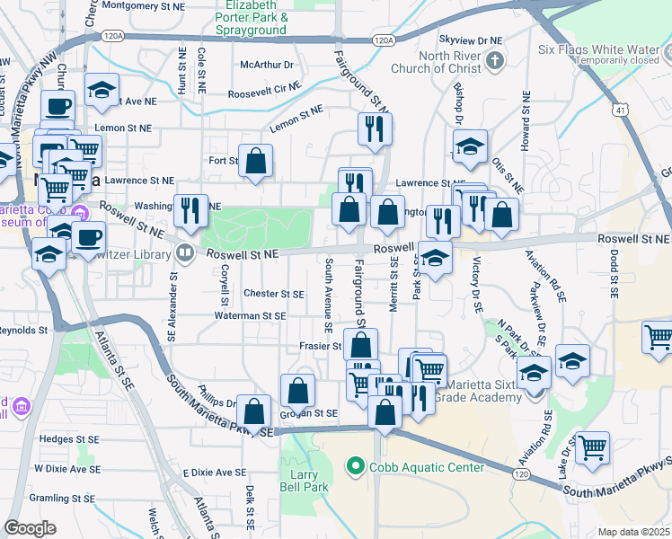 map of restaurants, bars, coffee shops, grocery stores, and more near 55 South Avenue Southeast in Marietta