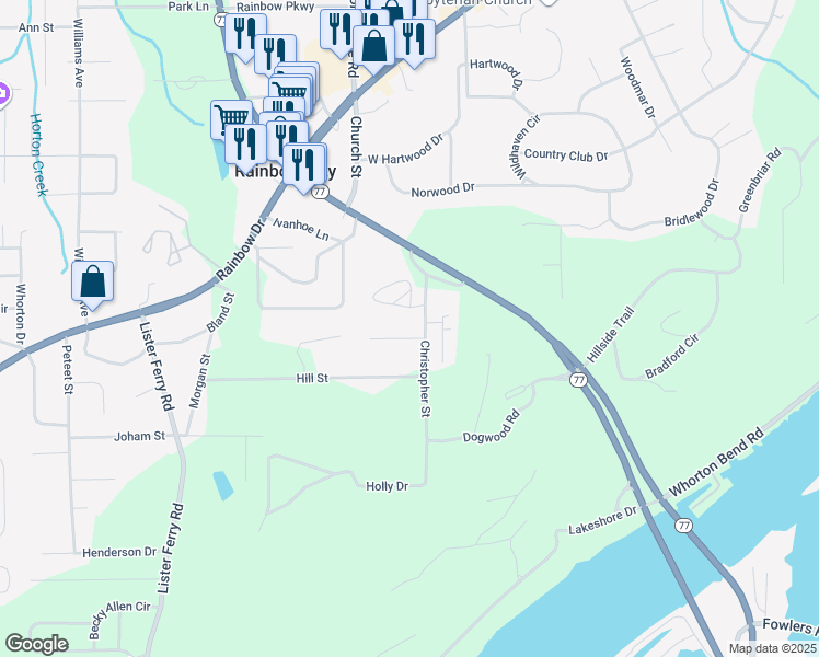map of restaurants, bars, coffee shops, grocery stores, and more near 105 Larkwood Circle in Rainbow City