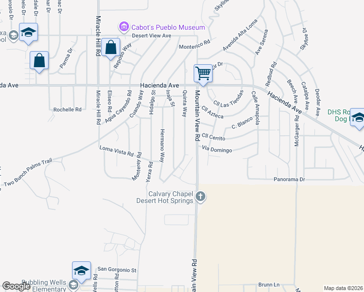 map of restaurants, bars, coffee shops, grocery stores, and more near 13665 Quinta Way in Desert Hot Springs