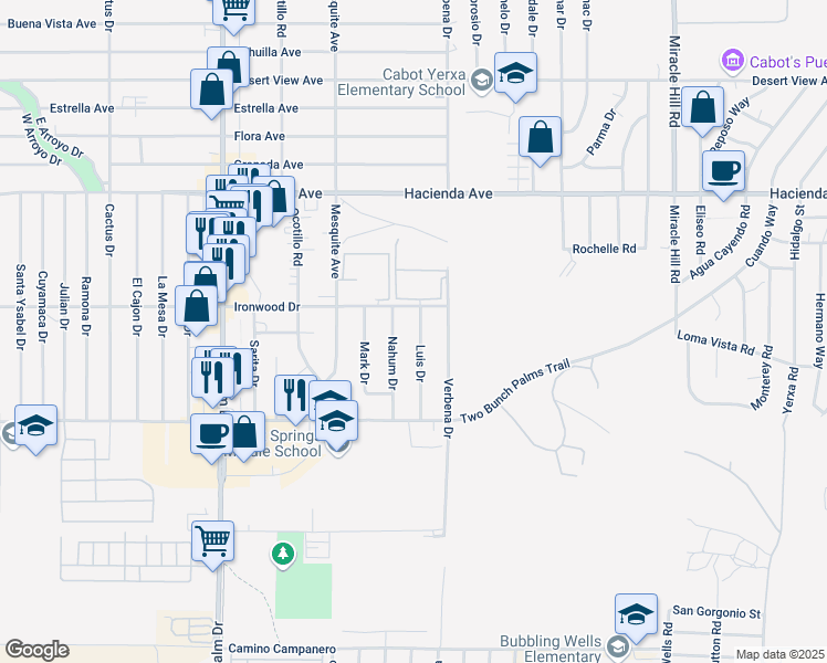 map of restaurants, bars, coffee shops, grocery stores, and more near 13620 Nahum Drive in Desert Hot Springs