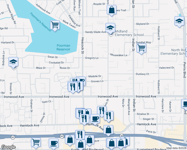 map of restaurants, bars, coffee shops, grocery stores, and more near 24111 Madole Drive in Moreno Valley