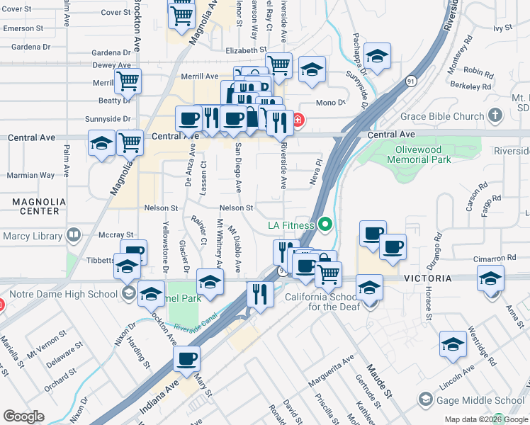 map of restaurants, bars, coffee shops, grocery stores, and more near 3509 Nelson Street in Riverside