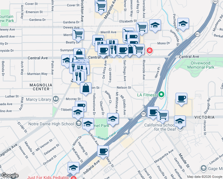map of restaurants, bars, coffee shops, grocery stores, and more near 6756 Rainier Court in Riverside