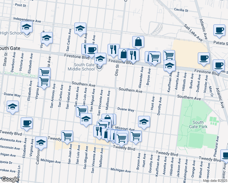 map of restaurants, bars, coffee shops, grocery stores, and more near 9217 Otis Street in South Gate