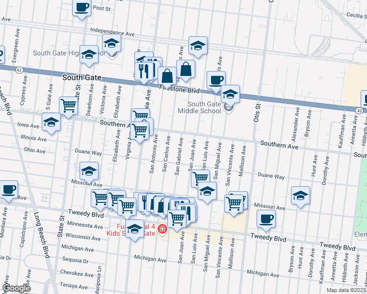 map of restaurants, bars, coffee shops, grocery stores, and more near 9312 San Gabriel Avenue in South Gate
