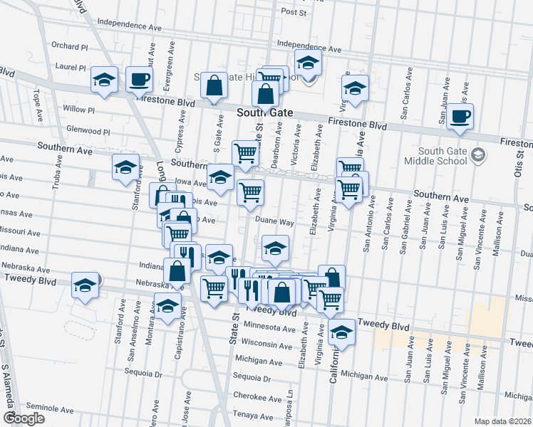 map of restaurants, bars, coffee shops, grocery stores, and more near 9533 Deeble Street in South Gate