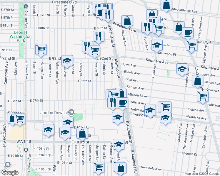map of restaurants, bars, coffee shops, grocery stores, and more near 9600 Kalmia Street in Los Angeles