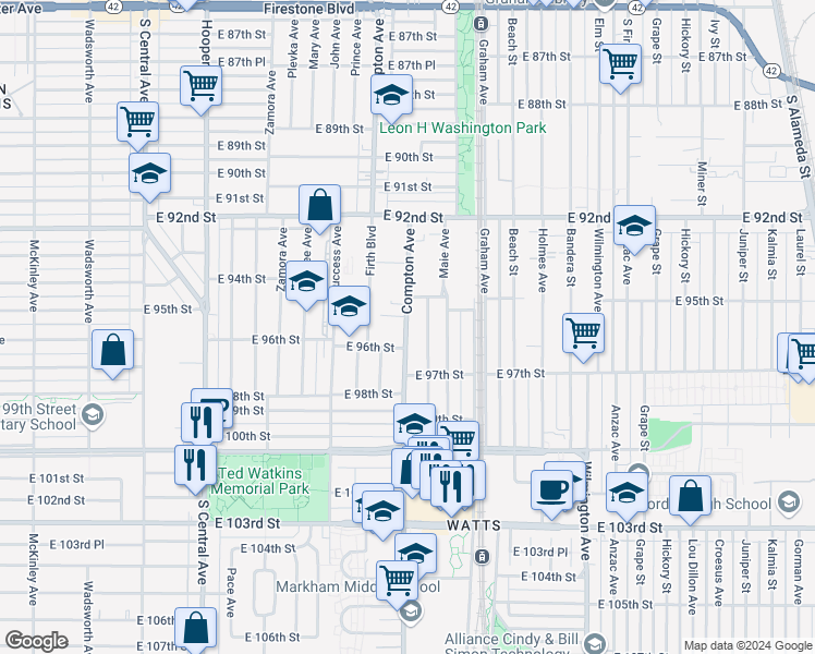 map of restaurants, bars, coffee shops, grocery stores, and more near 9543 Compton Avenue in Los Angeles