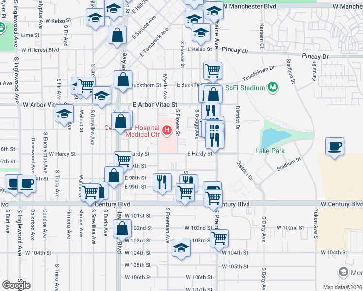 map of restaurants, bars, coffee shops, grocery stores, and more near 1038 South Flower Street in Inglewood