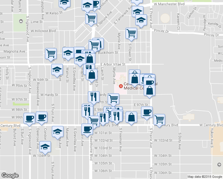 map of restaurants, bars, coffee shops, grocery stores, and more near 415 East Hardy Street in Inglewood