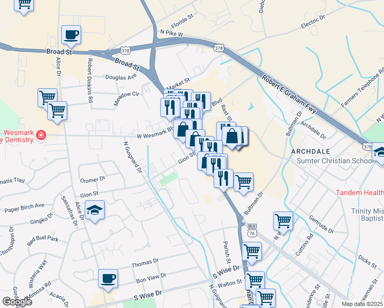 map of restaurants, bars, coffee shops, grocery stores, and more near 1066 Broad Street in Sumter