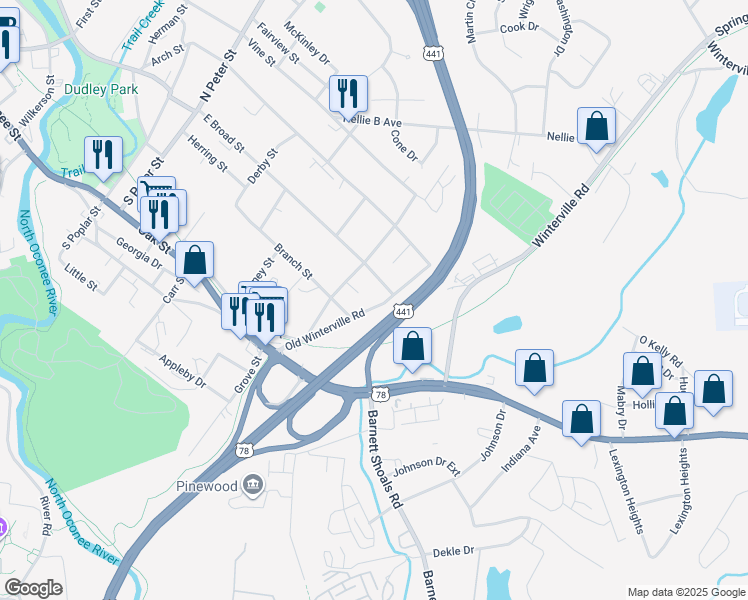 map of restaurants, bars, coffee shops, grocery stores, and more near 121 Head Street in Athens