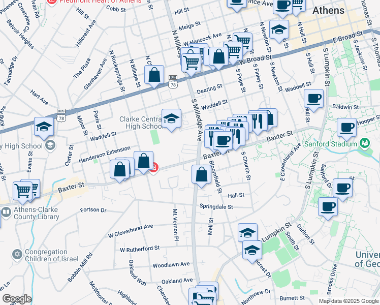 map of restaurants, bars, coffee shops, grocery stores, and more near 490 South Milledge Avenue in Athens