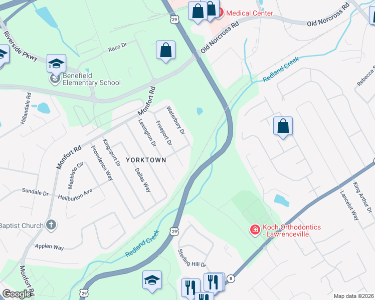 map of restaurants, bars, coffee shops, grocery stores, and more near 980 Arlington Way in Lawrenceville