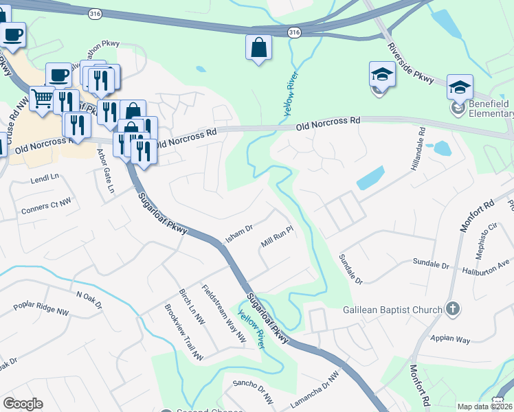 map of restaurants, bars, coffee shops, grocery stores, and more near 2049 Riverlanding Circle in Lawrenceville