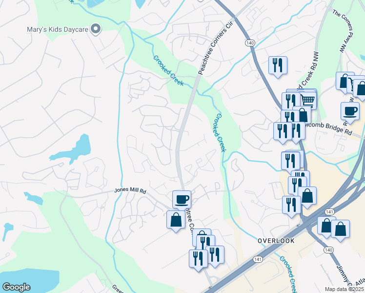 map of restaurants, bars, coffee shops, grocery stores, and more near 12100 Springs Lane in Peachtree Corners