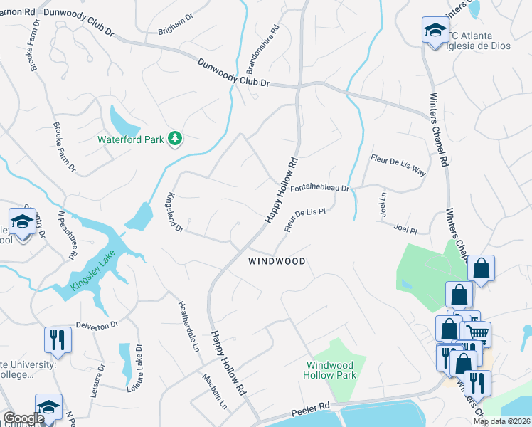 map of restaurants, bars, coffee shops, grocery stores, and more near 5201 Happy Hollow Road in Atlanta