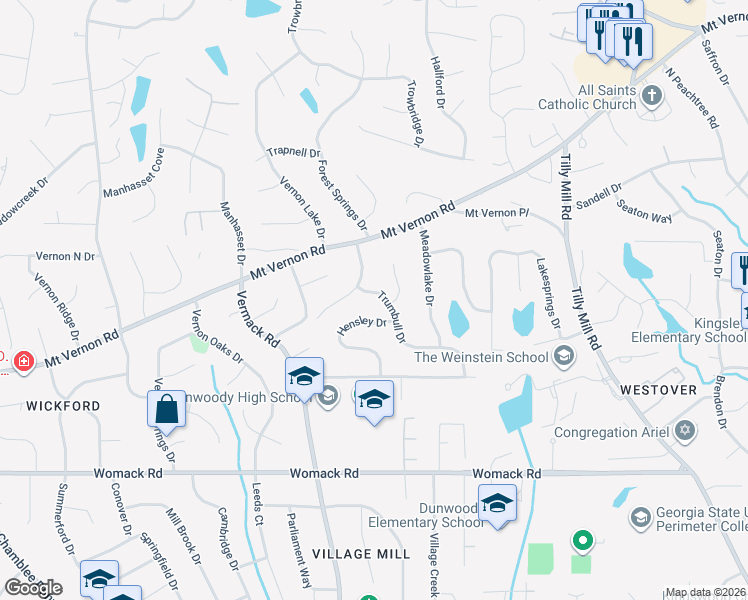 map of restaurants, bars, coffee shops, grocery stores, and more near 1823 Trumbull Drive in Dunwoody