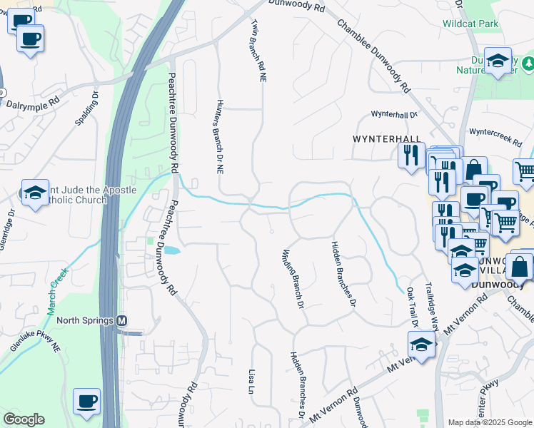 map of restaurants, bars, coffee shops, grocery stores, and more near 100 Hunters Glen Court Northeast in Atlanta