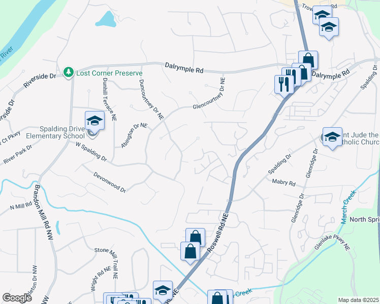 map of restaurants, bars, coffee shops, grocery stores, and more near 7105 Duncourtney Drive Northeast in Atlanta