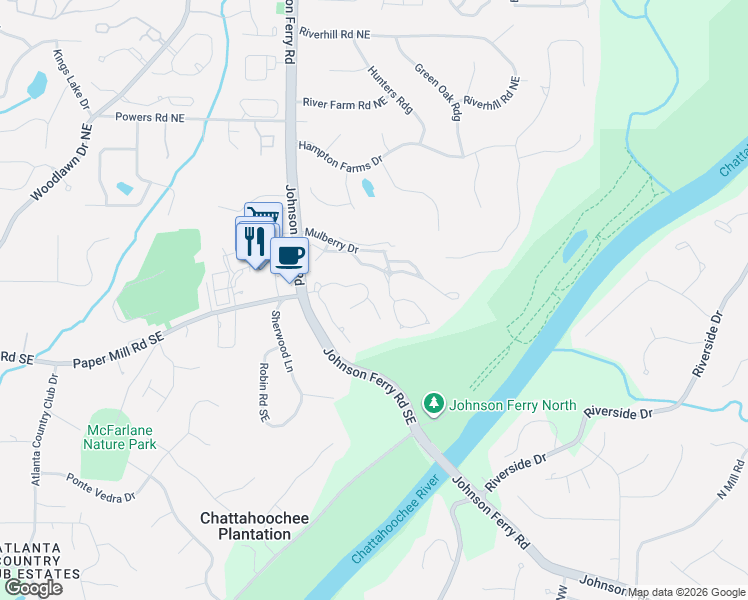 map of restaurants, bars, coffee shops, grocery stores, and more near 3045 Brockton Close in Marietta