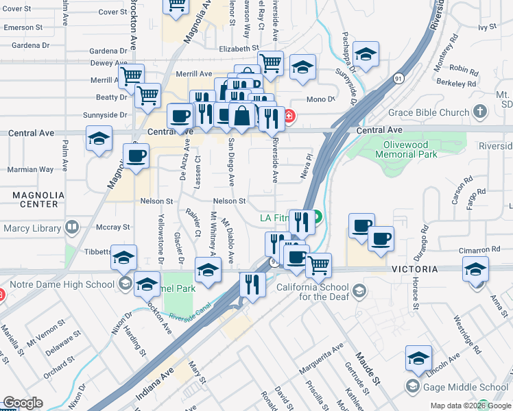 map of restaurants, bars, coffee shops, grocery stores, and more near 3509 Nelson Street in Riverside
