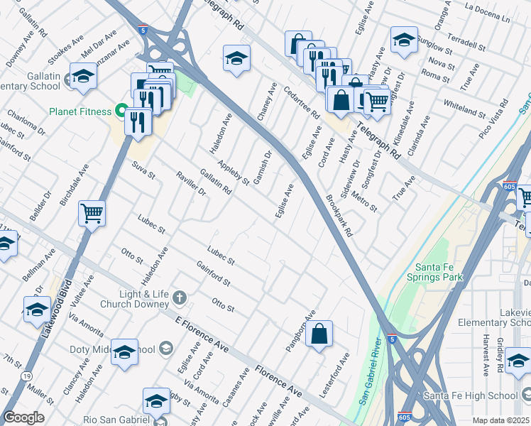 map of restaurants, bars, coffee shops, grocery stores, and more near 9365 Gallatin Road in Downey