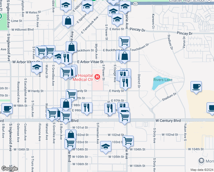 map of restaurants, bars, coffee shops, grocery stores, and more near 1026 South Flower Street in Inglewood