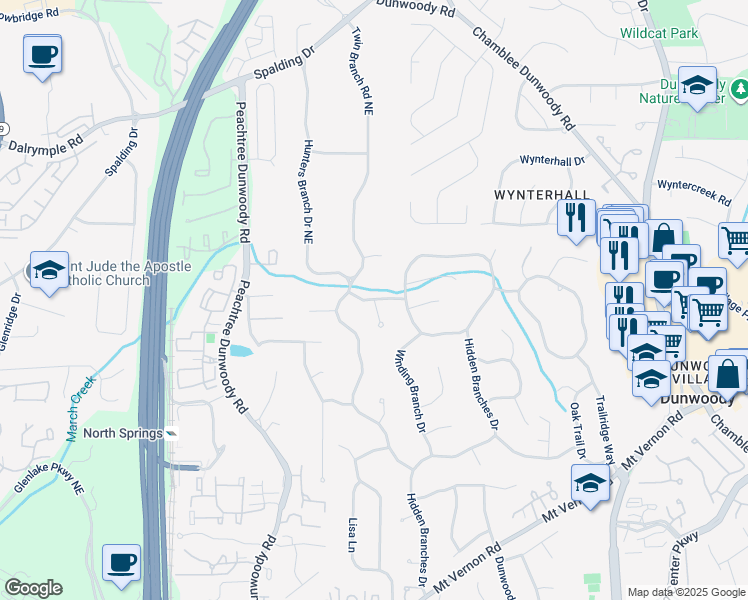 map of restaurants, bars, coffee shops, grocery stores, and more near 48 Hunters Glen Court Northeast in Sandy Springs