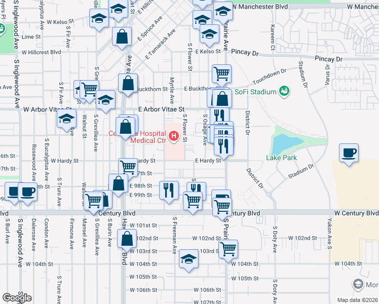 map of restaurants, bars, coffee shops, grocery stores, and more near 1038 South Flower Street in Inglewood
