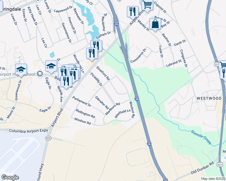 map of restaurants, bars, coffee shops, grocery stores, and more near 2017 Picadilly Drive in Cayce