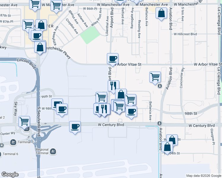 map of restaurants, bars, coffee shops, grocery stores, and more near 1064 Airport Boulevard in Los Angeles