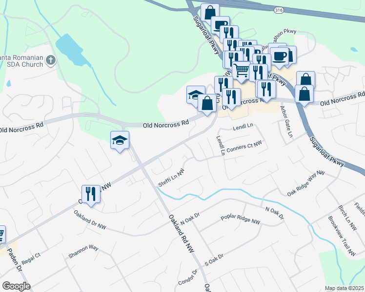 map of restaurants, bars, coffee shops, grocery stores, and more near 2100 Champions Parkway Northwest in Lawrenceville