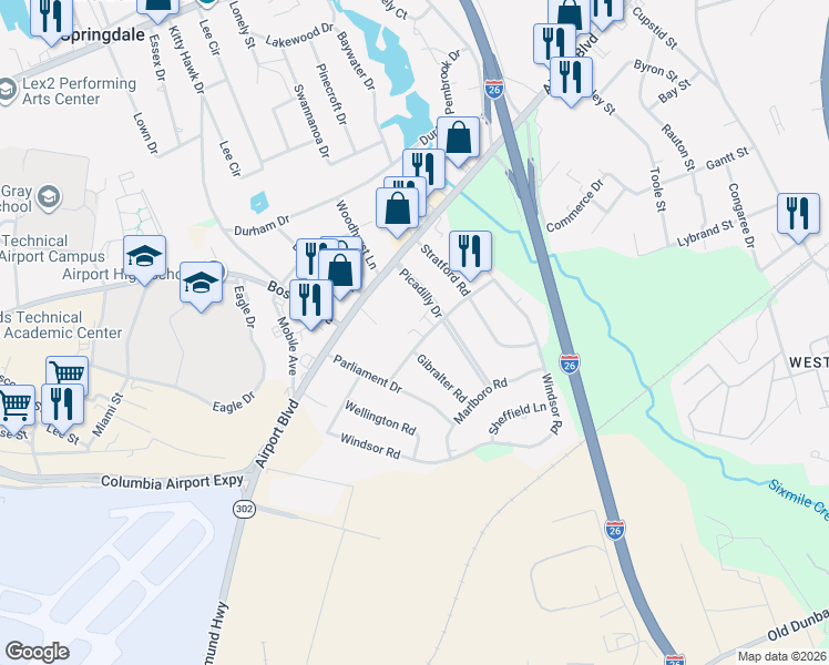 map of restaurants, bars, coffee shops, grocery stores, and more near 12 Londonderry Square in Cayce