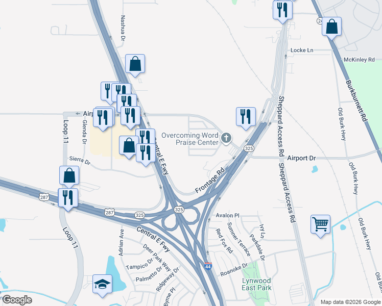 map of restaurants, bars, coffee shops, grocery stores, and more near 18 Evergreen Drive in Wichita Falls