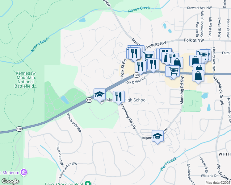 map of restaurants, bars, coffee shops, grocery stores, and more near 153 Brighton Court Southwest in Marietta