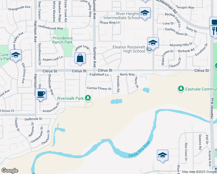 map of restaurants, bars, coffee shops, grocery stores, and more near 13288 Cactus Flower Street in Corona