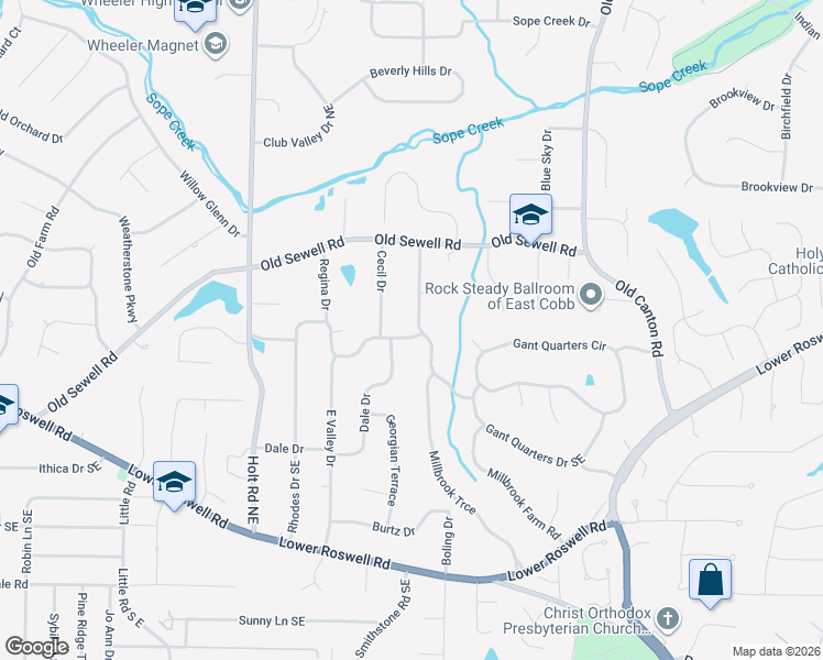 map of restaurants, bars, coffee shops, grocery stores, and more near 38 Brookcrest Drive in Marietta