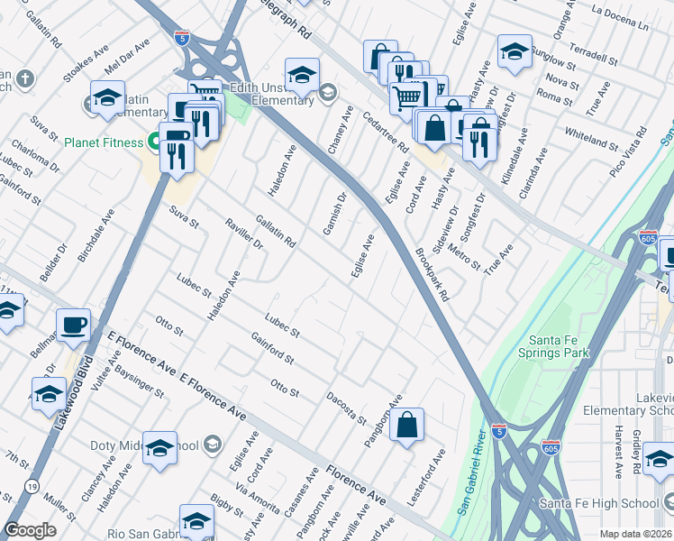 map of restaurants, bars, coffee shops, grocery stores, and more near 9365 Gallatin Road in Downey