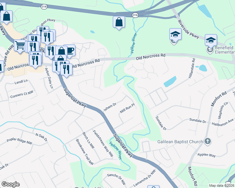 map of restaurants, bars, coffee shops, grocery stores, and more near 2049 Riverlanding Circle in Lawrenceville