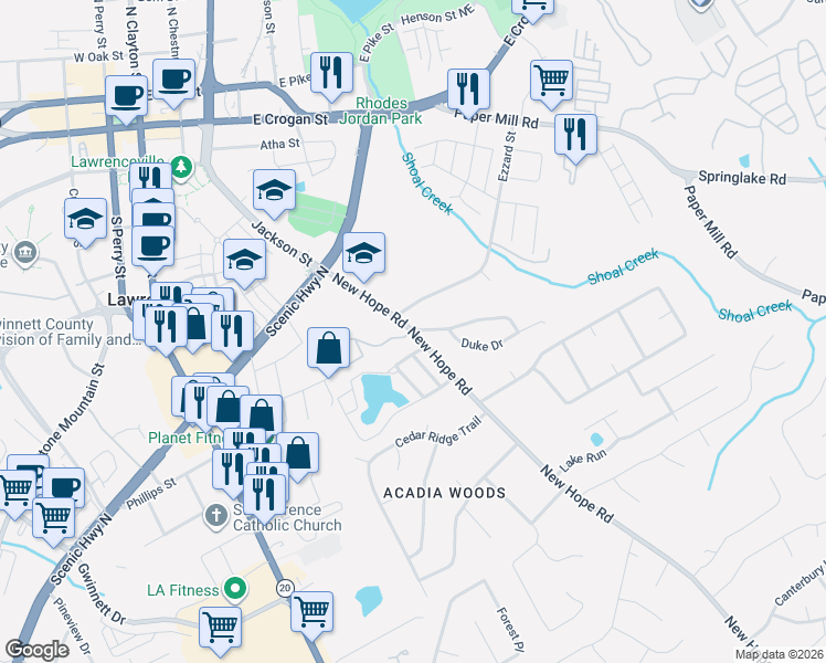 map of restaurants, bars, coffee shops, grocery stores, and more near 239 New Hope Road in Lawrenceville