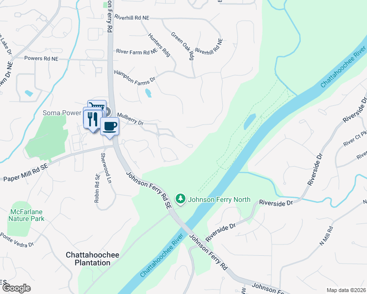 map of restaurants, bars, coffee shops, grocery stores, and more near 503 Bridle Path in Marietta