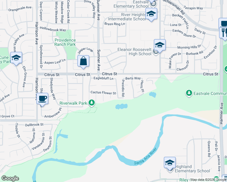 map of restaurants, bars, coffee shops, grocery stores, and more near 13288 Cactus Flower Street in Corona