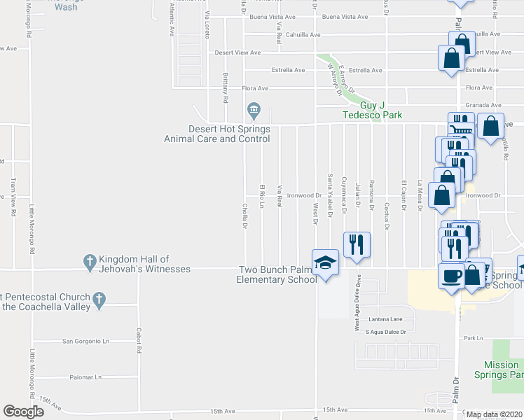 map of restaurants, bars, coffee shops, grocery stores, and more near 13633 El Rio Lane in Desert Hot Springs