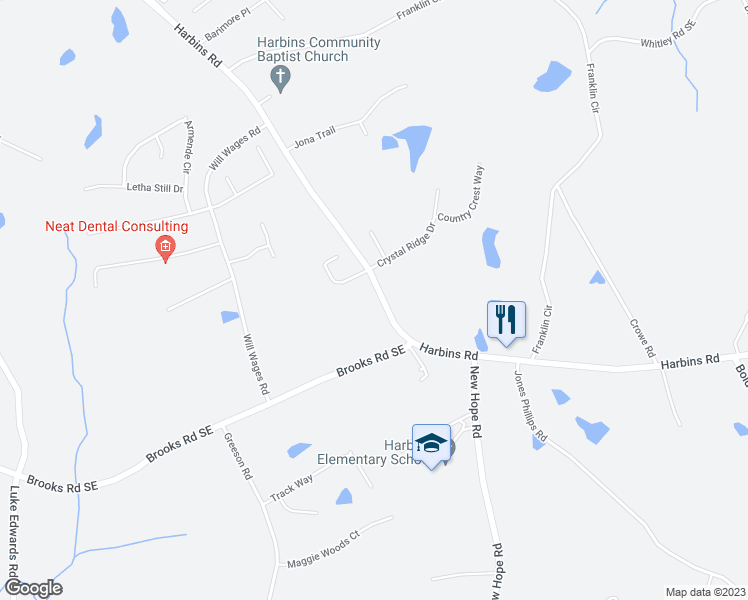 map of restaurants, bars, coffee shops, grocery stores, and more near 1791 Harbins Road in Dacula