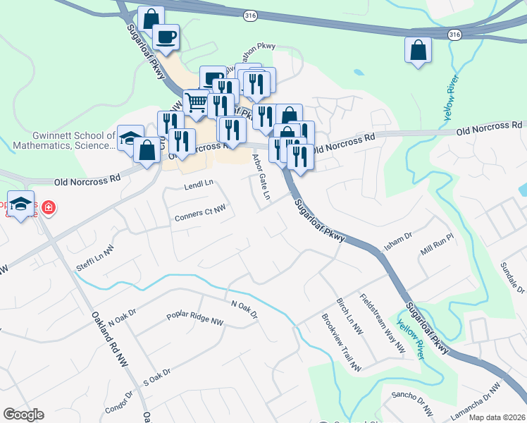 map of restaurants, bars, coffee shops, grocery stores, and more near 1768 Arbor Gate Drive in Lawrenceville