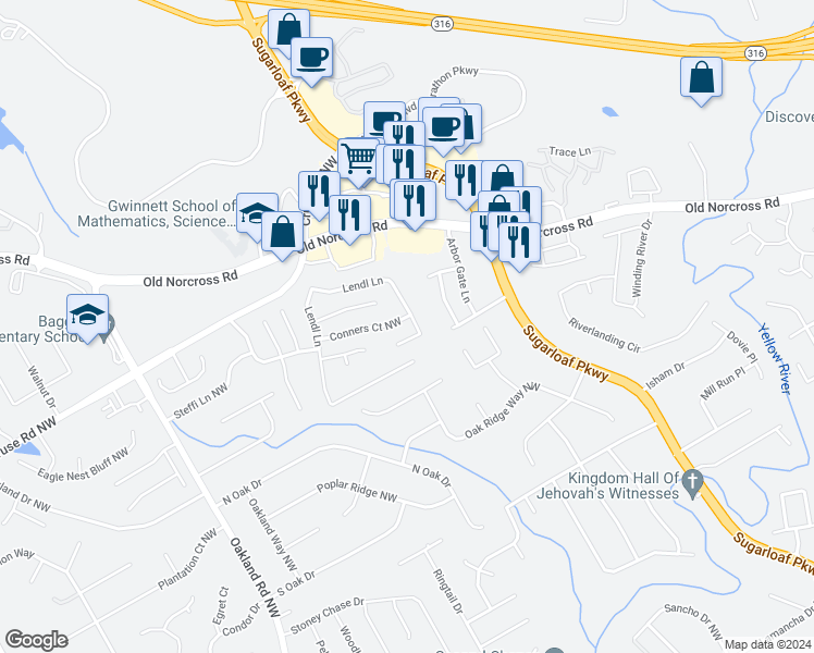map of restaurants, bars, coffee shops, grocery stores, and more near 1790 Conners Court Northwest in Lawrenceville